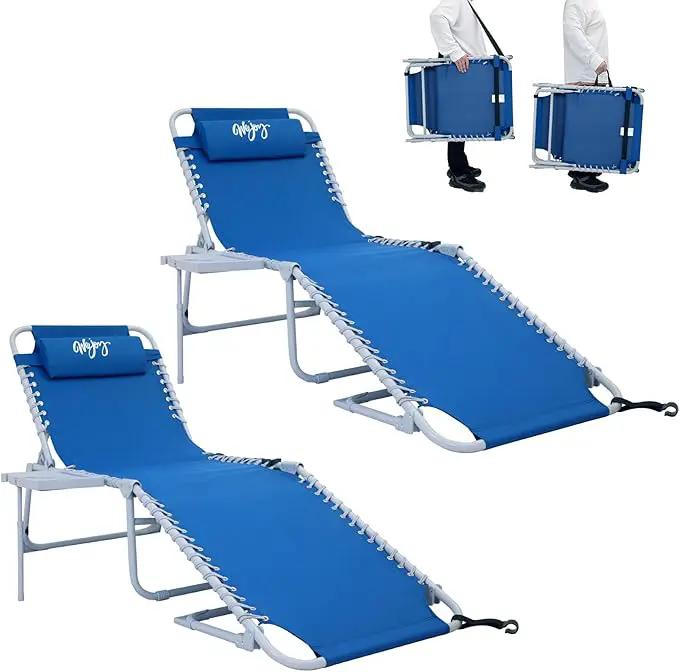 #WEJOY 2 PCS Lounge with Side Table for Outdoor 5-Position Adjustable Recliner Chair for Beach Sunbathing Patio Pool Lawn Lay Flat Portable Camp Reclining Chair with Shoulder Strap Side Pocket by GreenHaven Gardens