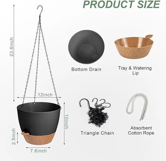 Hanging Planters for Indoor Outdoor Plants, 1 Set Self Watering Hanging Pot with Drainage Holes & Removable Tray (Black-12inch, 12'') by GreenHaven Gardens