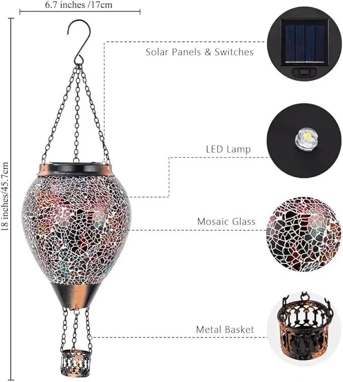 DREAMSOUL Mosaic Hot Air Balloon Solar Lantern with LED Light, Hanging Glass Solar Lanterns Outdoor Waterproof for Garden Patio Porch Decor by GreenHaven Gardens