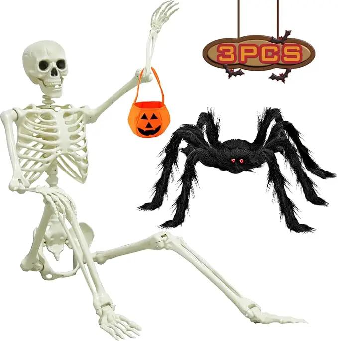 DINESIL 5.4ft/165cm Halloween Skeleton, Halloween Life Size Skeleton with Spider Pumpkin Bag, Full Body Human Bones with Movable Joints for Halloween Indoor Outdoor Haunted House Decorations by GreenHaven Gardens