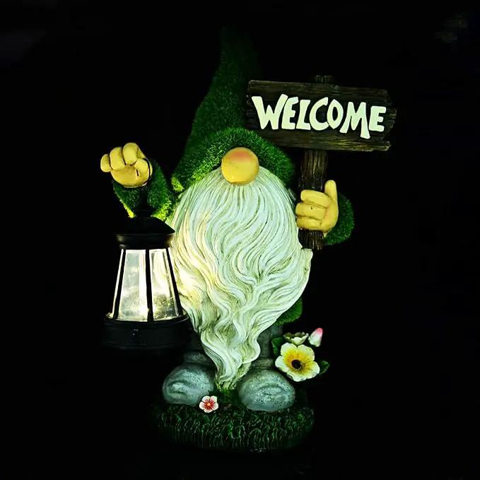 ASAWASA Gnomes Decorations for Yard with Solar LED Light, 10.8" Large Outdoor Funny Garden Lawn Gnome Decor with Welcome Sign by GreenHaven Gardens