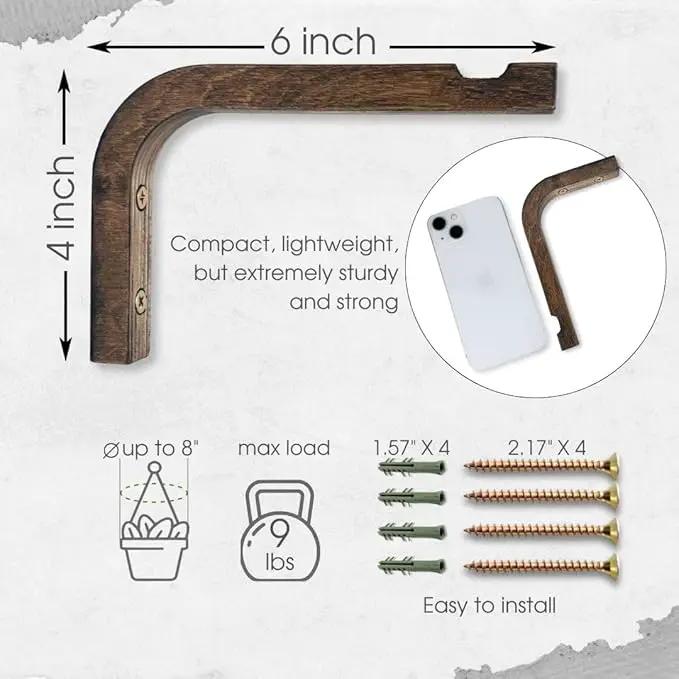 2-Piece Set of Plant Hooks for Wall 6 Inch - Mounted Wooden Plant Hook - Indoor and Outdoor Bracket Plant Hanger for Planters, Lanterns, Bird Feeders, Patio Decorations (Walnut) by GreenHaven Gardens