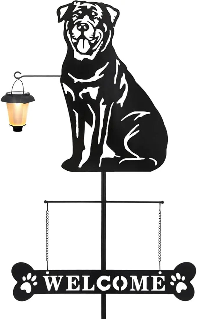 BAYN Solar Rottweiler Silhouette Dog Breed Welcome Sign with a Lantern Outdoor Decorative Garden Stakes for Yard, Lawn, Patio, Pathway by GreenHaven Gardens