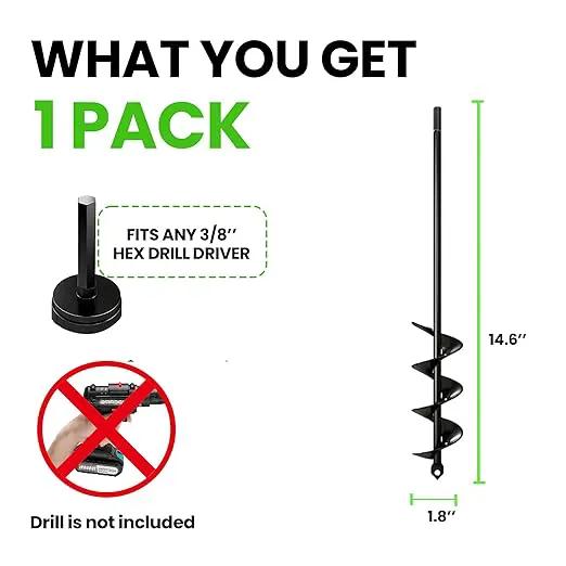 K-Brands Auger Drill Bit for Planting – 1.8 x 14.6 Inch - Garden Spiral Hole and Bulb Planter Tool for Umbrella Holes - 3/8 Inch Hex Drive by GreenHaven Gardens