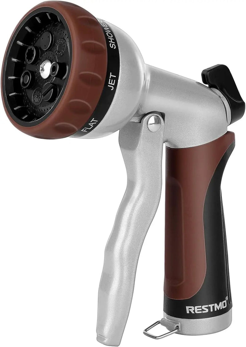RESTMO Garden Hose Nozzle, Heavy Duty Metal Water Hose Nozzle with 7 Adjustable Spray Patterns, High Pressure Hand Sprayer with Flow Control, Best for Watering Plant & Lawn, Washing Car & Pet, Brown by GreenHaven Gardens