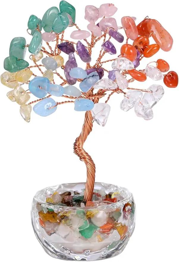 Jovivi Small 7 Chakra Crystals Tree, Natural Crystal Healing Stones Tree Glass Bowl Base Gemstone Money Trees Feng Shui Good Luck Home Desk Decor by GreenHaven Gardens