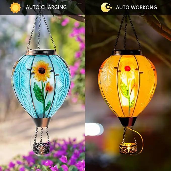 Starsoul Large Solar Hot Air Balloon Lantern with Flame Sunflower Glass Hanging Outdoor Hot Air Balloon Solar Light Waterproof Garden Patio Yard Party Decorations by GreenHaven Gardens