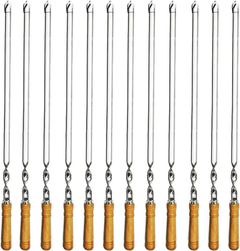 12 Pack Kabob Skewers BBQ Barbecue Skewers Stainless Steel Sticks 22 Inch Heavy Duty Large Wide Reusable with Nonslip Wooden Handle Ideal for Shish Kebab Chicken Shrimp and Vegetables by GreenHaven Gardens
