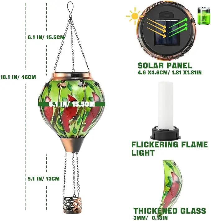 Hot Air Balloon Solar Lantern - Cardinal Bird Glass Lantern with Simulated Flickering Flame, Outdoor Hanging Yard Light Waterproof IP65 & Weather Resistant for Garden Patio Lawn Porch Decor Gfit by GreenHaven Gardens