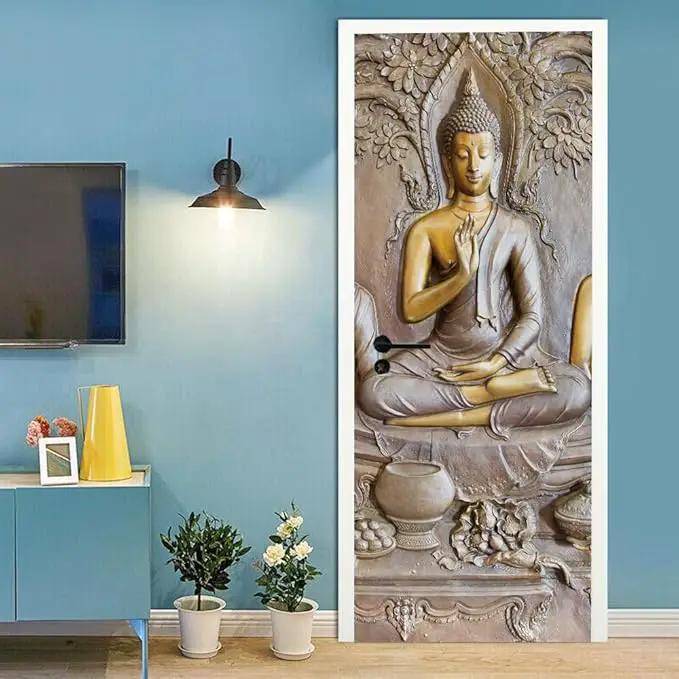 3D Door Stickers - Buddha Statue - Peel & Stick - Waterproof & Washable - Matt Finish - 34.6" x 78.7" - 2 Pieces - White - Oriental Style - Door & Wall - Adults by GreenHaven Gardens