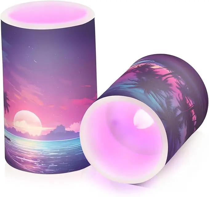 Flickering Flameless Candles, Palm Tree Beach Tropical LED Candles with Remote Timer, Set of 2 Battery Operated Candle for Valentine Wedding Birthday by GreenHaven Gardens