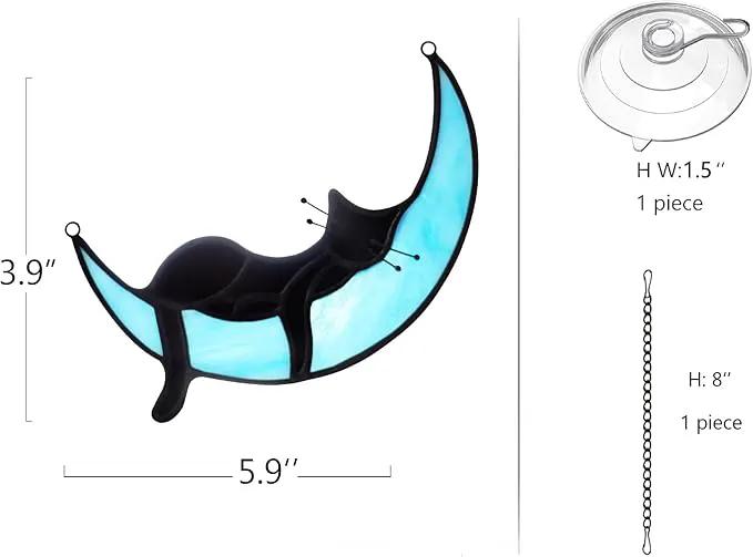BOXCASA Sleeping Cat Stained Glass Windown Hanging,Black Cat on Moon Beautiful Handcrafted Sun Catcher Gifts for Daughter,Mothers Day,Christmas and Cat Lover by GreenHaven Gardens