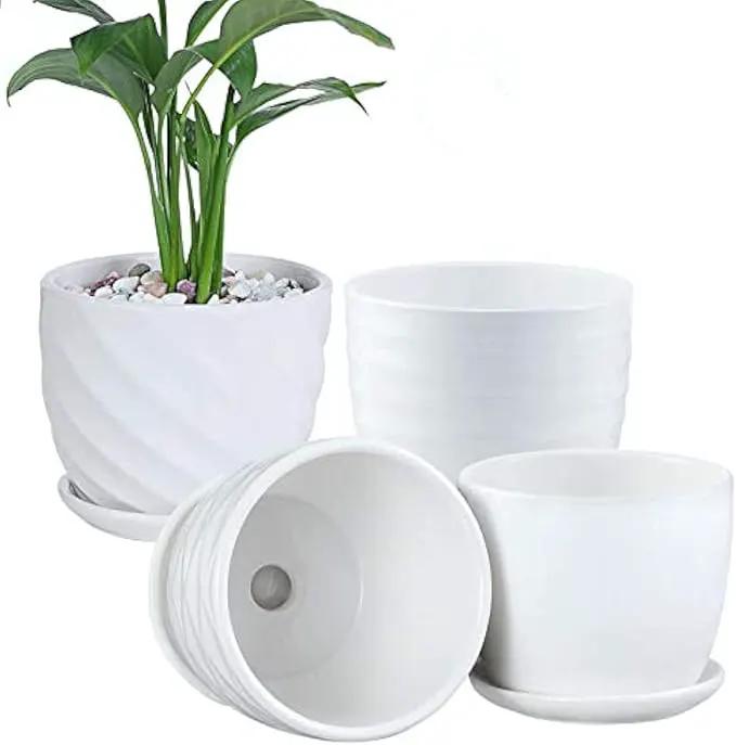 Plant Pots - 4.7 Inch Cylinder Ceramic Planters with Connected Saucer, Pots for Succuelnt and Little Snake Plants, Set of 4, White by GreenHaven Gardens