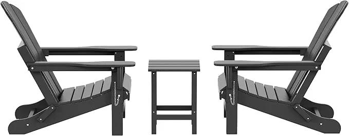 WO Home Furniture Adirondack Chairs Table Set of 3 PCS Outdoor Folding Chairs Side End Table Weather/UV Resistant for Lawn, Garden, Bon Fire, Balcony (Grey) by GreenHaven Gardens