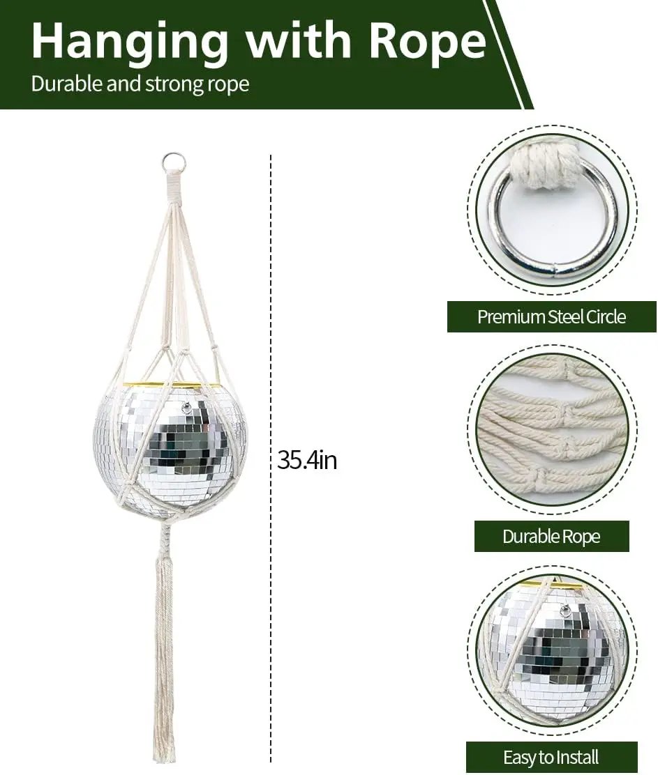 8" Silver Disco Ball Planter with Hanging Rope, Hanging Chain, Hook, Circle | for Decoration by GreenHaven Gardens