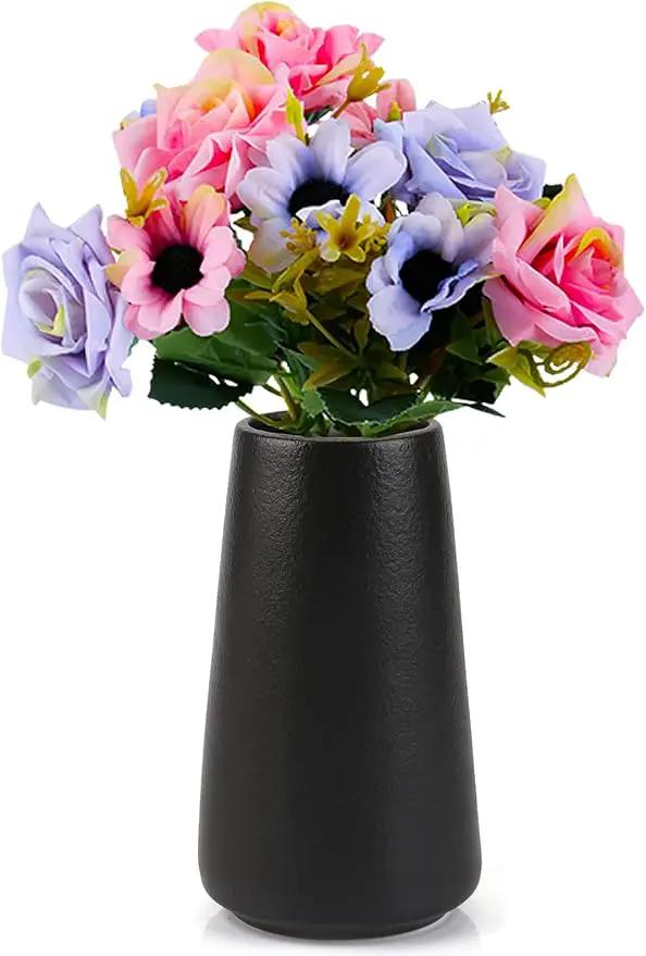 Simple Vase for Flowers Plants, Matte Vases for Modern Table Shelf Home Decor Wedding Boho Decor, 6" H Frosted Elegant Ceramic Vase for Pampas Grass Fluffy Stem Bouquet Lavender Flowers (Black, 4)