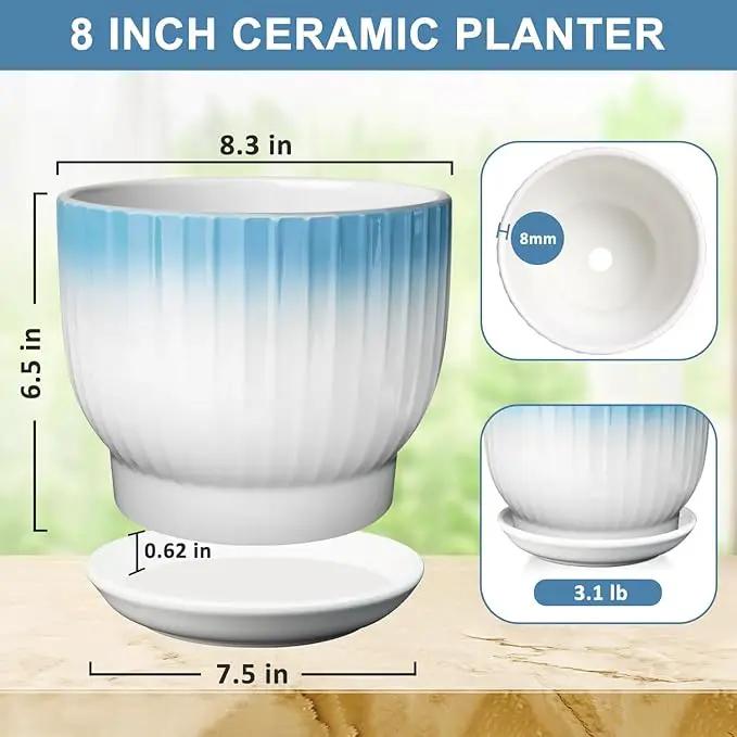 8 Inch Plant Pot, Ceramic Planter with Drainage and Saucer, Ceramic Pots for Plants, Indoor Plant pots,Ceramic Flower pots(Blue + White, Plants NOT Included) by GreenHaven Gardens