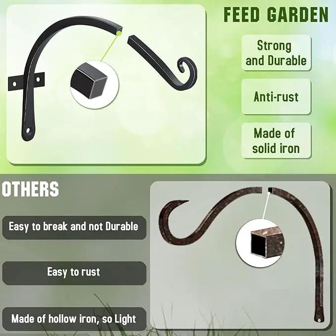 FEED GARDEN 2 Pack 12 Inch Hanging Plant Bracket Wall Hooks Decorative Plant Hangers for Outdoor Hanging Bird Feeders, Wind Chimes, Plant Baskets, Black by GreenHaven Gardens