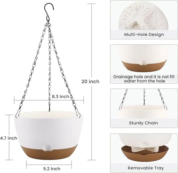 8.3 Inch Hanging Planter, 3 Pack Hanging Plastic Plant Self Watering Pot with Drainage Holes and Saucers, Hanging Baskets Flower Pots for Indoor Outdoor Garden Plants and Flowers-White by GreenHaven Gardens