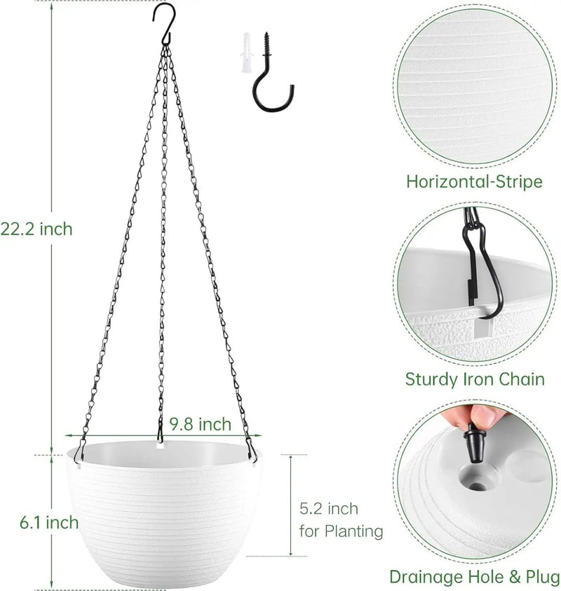 Hanging Planters for Indoor Outdoor Plants, Set of 2 Self Watering Hanging Pots with Drainage Hole & Plug and 20" Chain & Hooks by GreenHaven Gardens