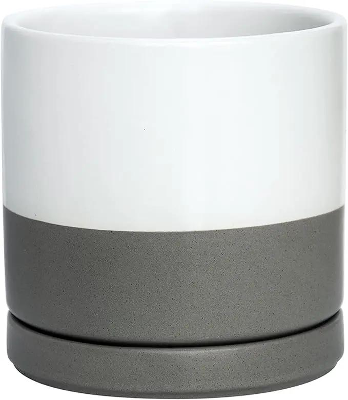 D'vine Dev 6 Inch Ceramic Planter Pot with Drainage Hole and Saucer, Indoor Cylinder Round Flower Pot, White/Speckled Grey, 94-O-C-6 by GreenHaven Gardens