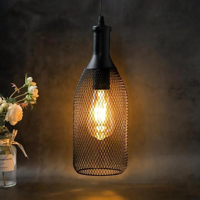 JHY DESIGN Hanging Lamp Black Battery Powered Decorative Pendant Lamp Metal Cage Battery Lamp with 6 Hours Timer for Bar Bedroom Garden Parties Patio Indoor Outdoor Living Room(Wine Bottle Shaped) by GreenHaven Gardens