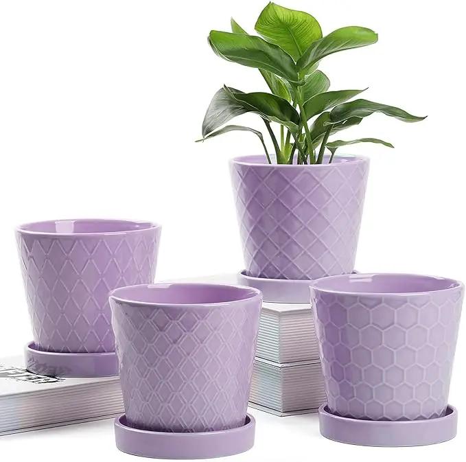 EFISPSS Flower Planter –5 inch Ceramic Plant Pots with Drainage Holes and Ceramic Tray - Gardening Home Desktop Office Windowsill Decoration Gift Set of 4 - Purple by GreenHaven Gardens