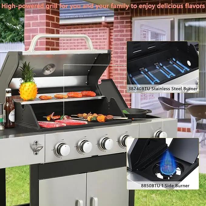4-Burner Propane Gas Grill With Side Burner, 34,200 BTU Outdoor BBQ Grill with Stainless Steel Warming Rack & Enameled Cooking Grids – Foldable Side Tables, Built-in Thermometer – Heavy-Duty 6" Wheels by GreenHaven Gardens