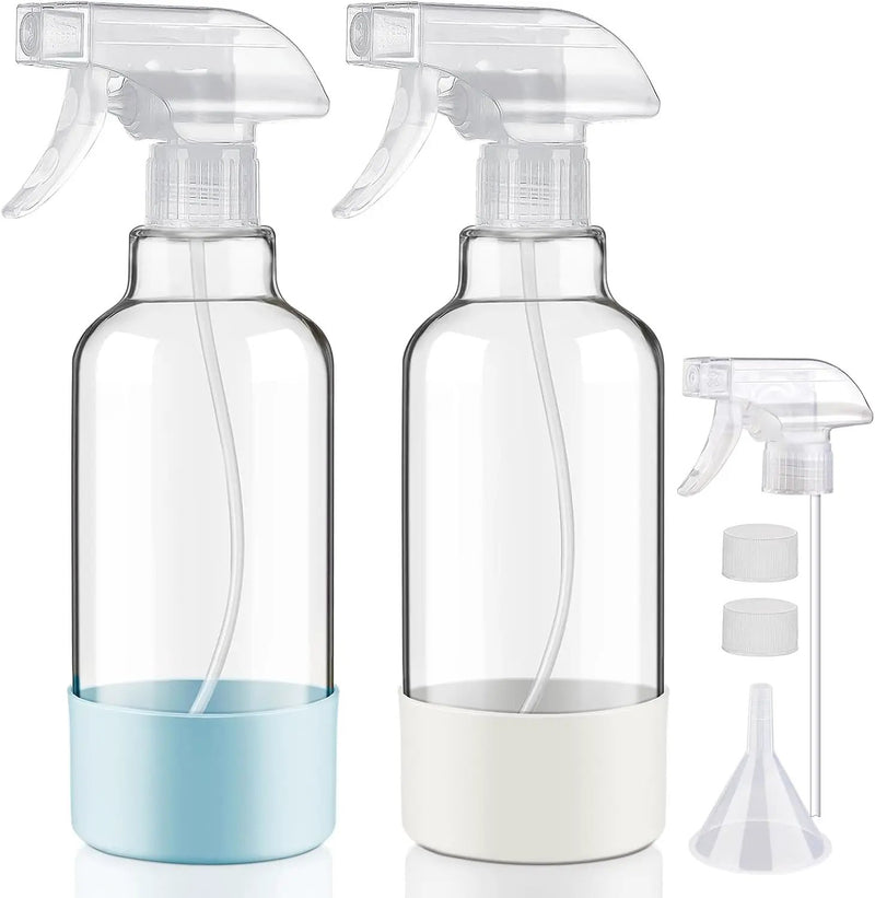 Glass Spray Bottles with Silicone Sleeve 16.9oz 2 Pack Empty Spray Bottle for Hair Mist/Stream Spraying for Cleaning Solutions, Plants, Essential Oils (clear-qblue&white) by GreenHaven Gardens