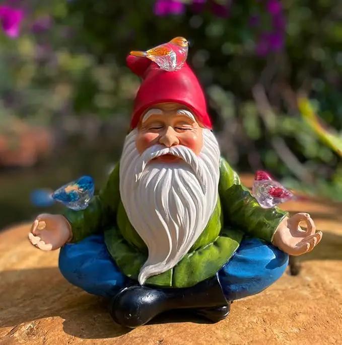 Solar Powered Gnome with Red Hat and 3 Birds Decorated Solar Light, Garden Decorations Statues, Garden Light Decor for Lawn Ornaments, Resin Garden Figurines (Gnome with 3 Birds) by GreenHaven Gardens