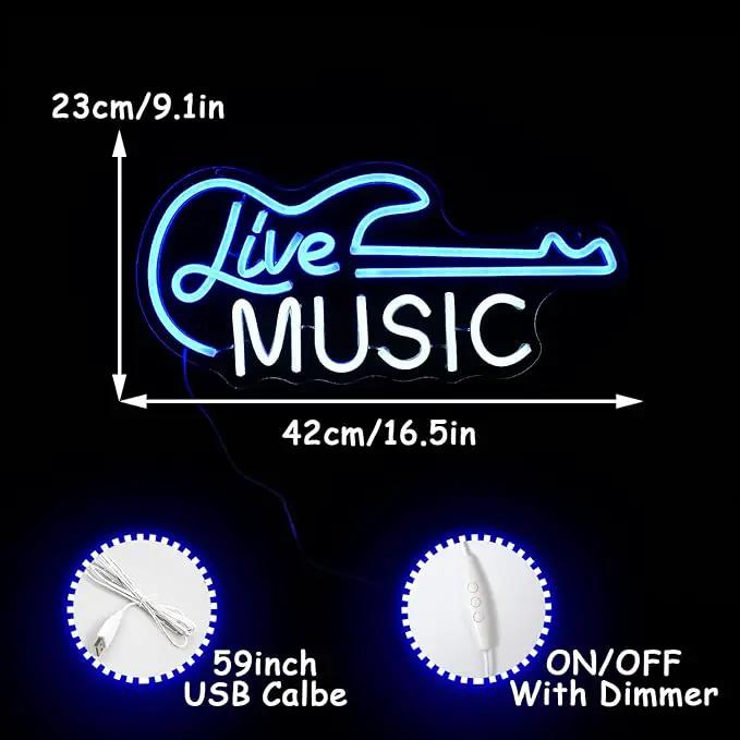 Guitar Neon Sign Blue White Live Music for Wall Decor Dimmable Guitar Led Light up Sign Letter Neon Signs Art Decorative Lights for Music Studio Live Streams Nightclub by GreenHaven Gardens