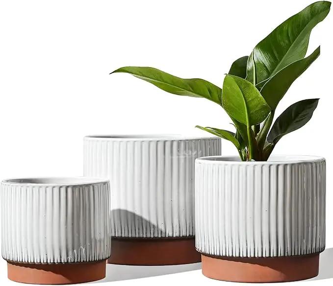 LE TAUCI Ceramic Plant Pots with Drainage Holes, Set of 3, 8+6.7+5.5 Inch Stripe Garden Planter Pots for Outdoor Indoor Plants Flower, Round Succulent Orchid Flower Pot, Reactive Glaze White by GreenHaven Gardens