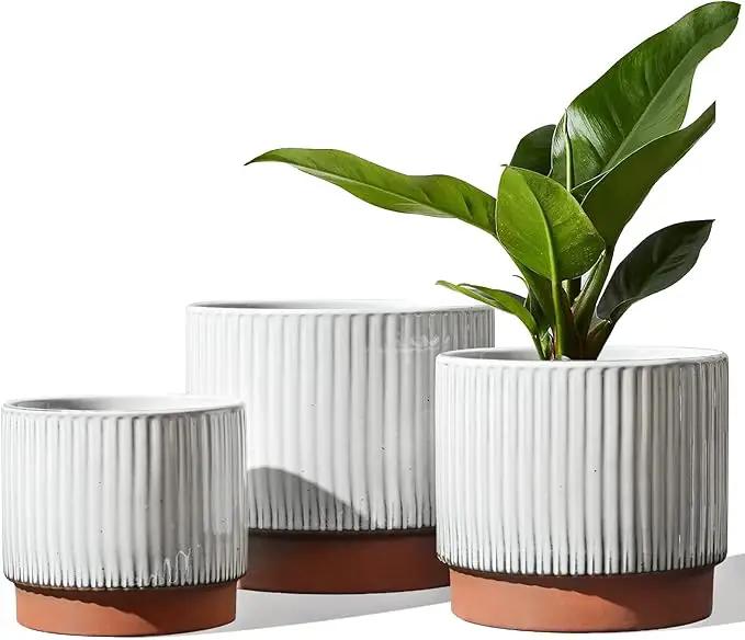 LE TAUCI Ceramic Plant Pots with Drainage Holes, Set of 3, 8+6.7+5.5 Inch Stripe Garden Planter Pots for Outdoor Indoor Plants Flower, Round Succulent Orchid Flower Pot, Reactive Glaze White by GreenHaven Gardens