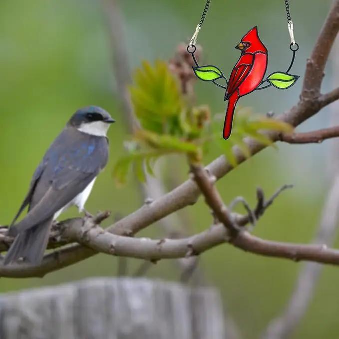 Cardinal Suncatcher, Small Stained Glass Birds Window Hanging Decoration by GreenHaven Gardens