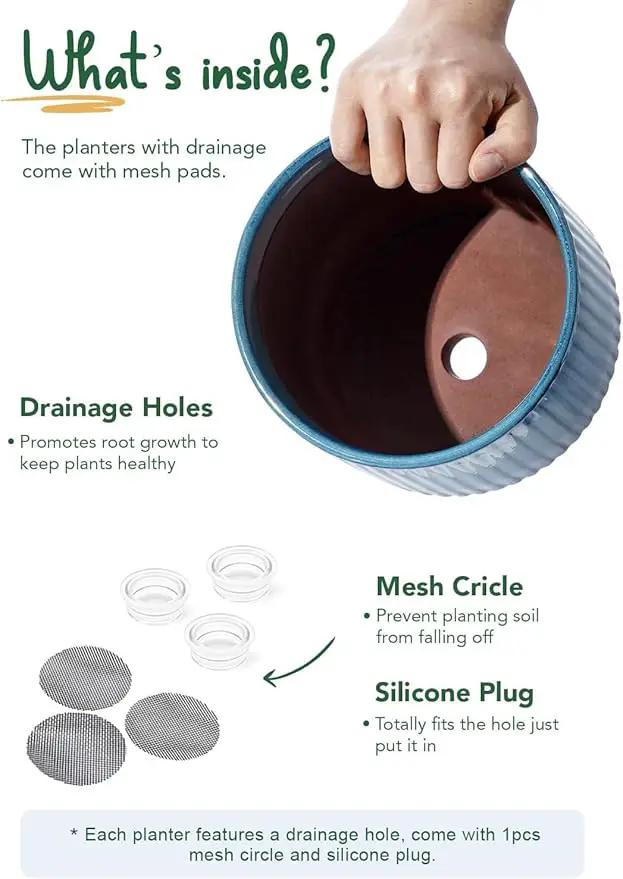 LE TAUCI Ceramic Plant Pots with Drainage Holes, Set of 3, 8+6.7+5.5 Inch Stripe Garden Planter Pots for Outdoor Indoor Plants Flower, Round Succulent Orchid Flower Pot, Reactive Glaze Black by GreenHaven Gardens