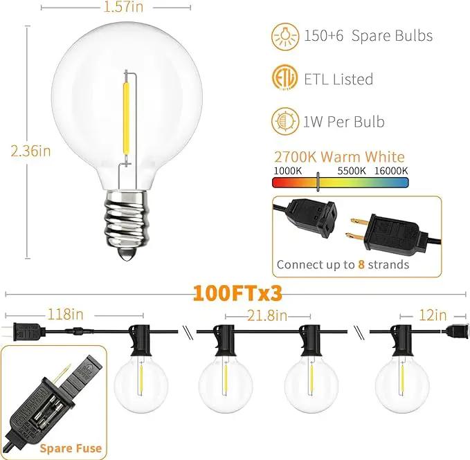 Svater Outdoor String Lights 300 FT, Patio Lights Outside with 156 G40 Shatterproof LED Bulbs, Waterproof Hanging Globe Lighting for Bistro Backyard Cafe Market, Warm White 2700K（3 x 100 FT） by GreenHaven Gardens