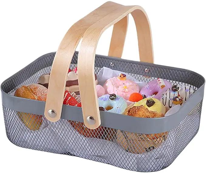 Metal Mesh Steel Basket, Storage Organizer Basket Garden Harvest Basket Multi-functional Kitchen Fruit Baskets Bin with Wooden Handle for Bathroom Picnic Shopping Decor Cabinet Home, Grey by GreenHaven Gardens