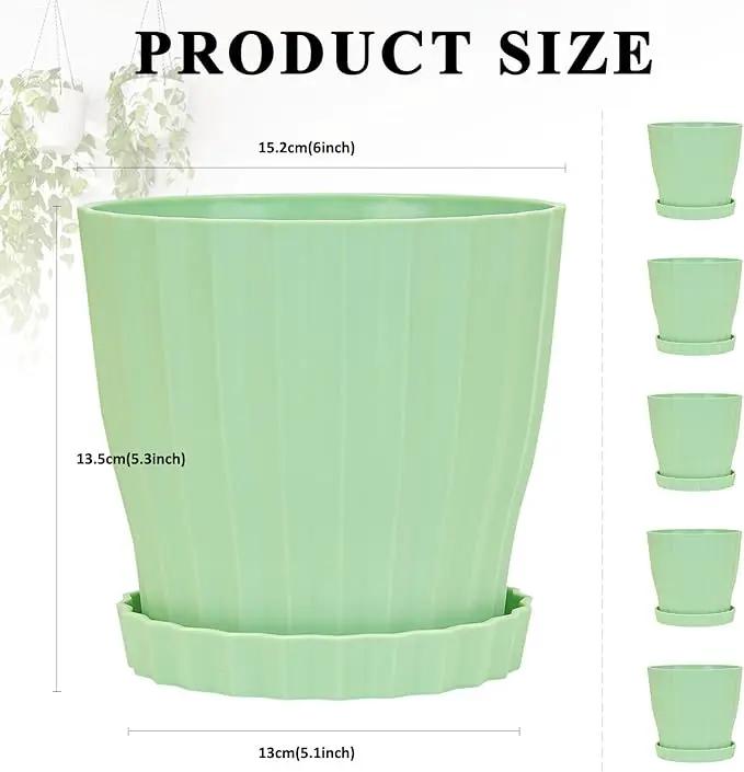 5 Pack Flower Pots for Indoor Plants, 6 inch Plant Pots Outdoor Planters for Porch Garden Office Home Decorative Holiday with Drainage Holes and Saucers, Plastic Planter Nursery Pots Green by GreenHaven Gardens