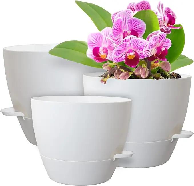 10/9/8 inch Medium Self Watering Pots, Plant Pots with Mesh Drainage Holes for Indoor Outdoor Garden Plants, Flower Pots with Removable Reservoir, Set of 3 Plastic Planters, White by GreenHaven Gardens