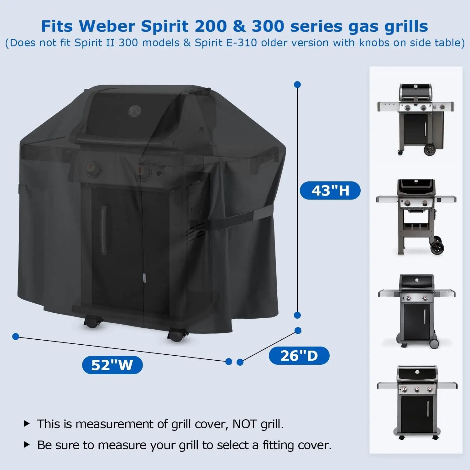 SunPatio BBQ Grill Cover 52 Inch, Outdoor Durable Waterproof Gas Barbecue Cover, Compatible for Weber Spirit 200 and 300 Series, Charbroil and Kenmore Grills, Compared to Weber 7106, 52" x 26" x 43"H by GreenHaven Gardens