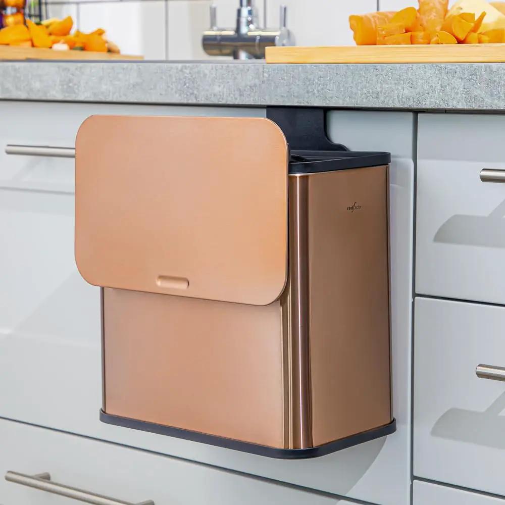 RedFactor Stainless Steel Hanging Trash Can with Lid and Inner Bucket – Slim 1.3 Gallon Odor-Free Compost Bin for Kitchen Cabinet, Countertop, Under Sink, or Bathroom (Copper) by GreenHaven Gardens
