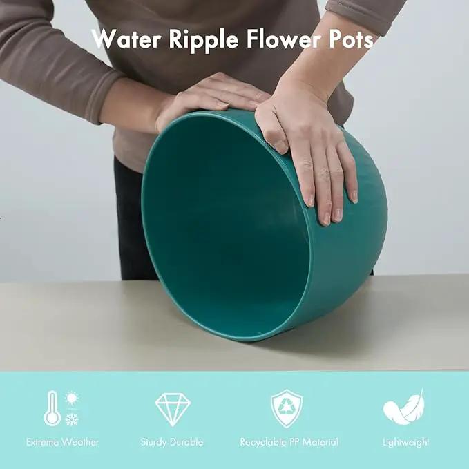 12 Inch Large Plant Pots for Indoor or Outdoor Plants, Wide Water Ripples Flower Pots with Drainage Holes & Saucer, Plastic Planters Set for Garden & Home Decor (Blue Green) by GreenHaven Gardens