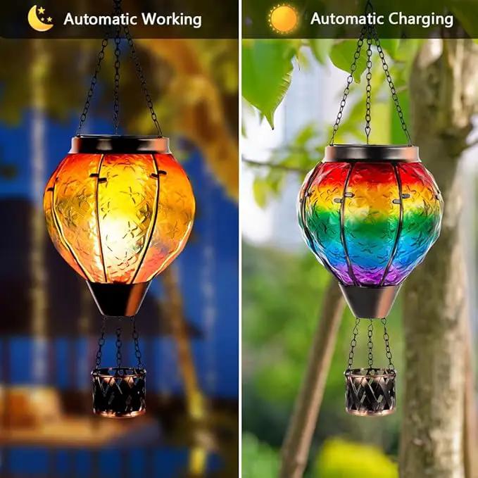 DREAMSOUL Rainbow Hot Air Balloon Solar Lantern, Metal & Glass With Flickering Flame, Hanging Waterproof Outdoor Lantern for Lawn, Patio, Tree Decor, Christmas Gifts by GreenHaven Gardens