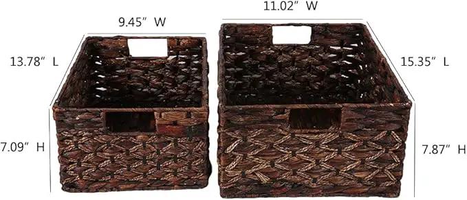 Rectangular Woven Water Hyacinth Basket,Dark Storage Basket With Inside Handle Shelves Kitchen Office Desk (Set of 2) by GreenHaven Gardens