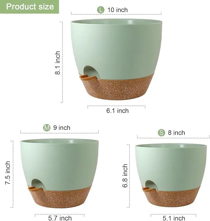 10/9/8 inch Self Watering Pots, Planter, Plant Pots with Mesh Drainage Holes for Indoor Outdoor Garden Plants, Plastic Flower Pots with Deep Reservoir for House Plants, Green with Brown by GreenHaven Gardens