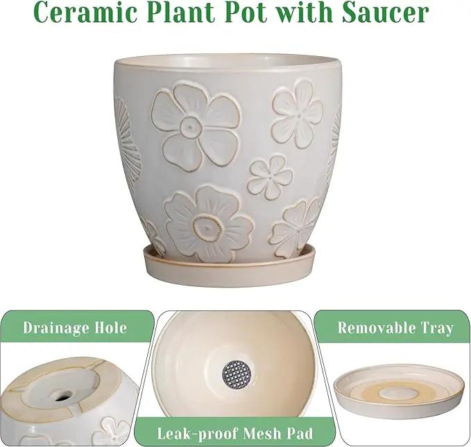Ceramic Planter 8 Inch Plant Pot with Drainage Hole and Saucer Ceramic Pots for Indoor Plants Outdoor Large Flower Pot for Home Decor White by GreenHaven Gardens
