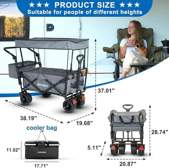 SKYMANOR Collapsible Wagon with Removable Canopy, 3-in-1 Heavy Duty Garden Cart with Big All-Terrain Wheels, Brakes, Adjustable Push Pull Handle, Cooler Bag, 300LBS Wagon Cart for Camping (Grey) by GreenHaven Gardens