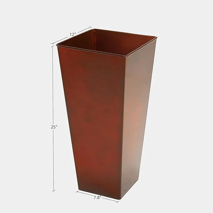 KOL 25''H. Galvanized Steel Planter with Saucer, Tall Glazed Planter Pots for Indoor & Outdoor Use, Set of 2, Decorative Flower Plant Pots with Drainage Hole for Porch, Patio, Deck - Reddish Brown by GreenHaven Gardens