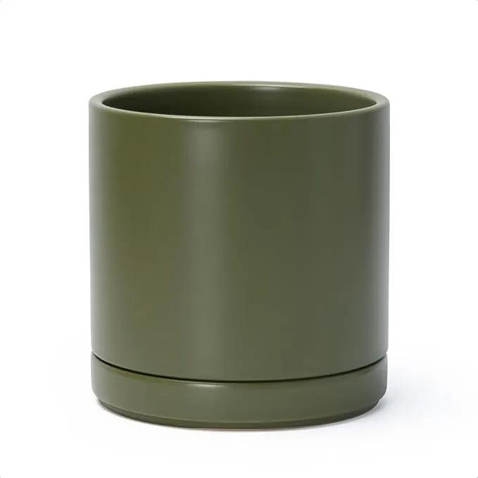 D'vine Dev 8 Inch Ceramic Planter Pot with Drainage Hole and Saucer, Indoor Cylinder Round Planter Pot, Olive, 94-O-D-J by GreenHaven Gardens