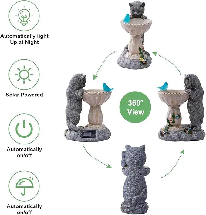 Solar Cat Statues for Bird Bath: Outdoor Sculptures for Garden Lawn Patio Yard Balcony Porch - Unique Gifts for Mother Grandma Women by GreenHaven Gardens